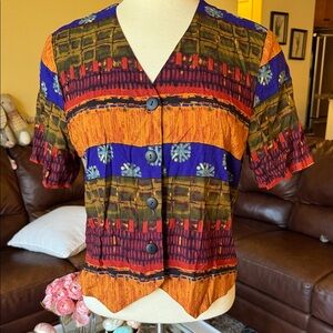 Sharon Anthony Vintage Short-Sleeve Button Front Shirt in Orange, Blue & Olive